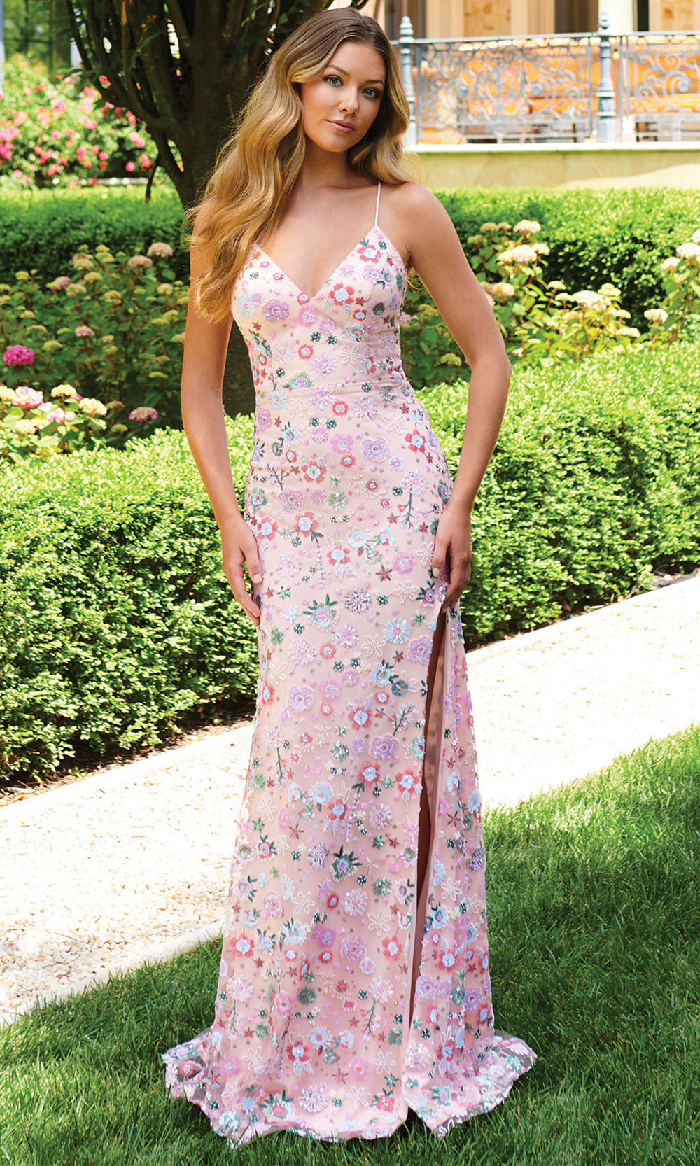 Faviana 11263 - Spaghetti Strap Floral Beaded Slit Dress Prom Dresses