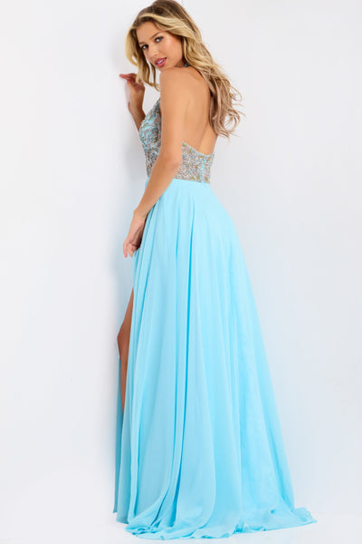 Jovani 48300 - Halter Neck Flowy A-Line Gown Prom Dresses in In Blue