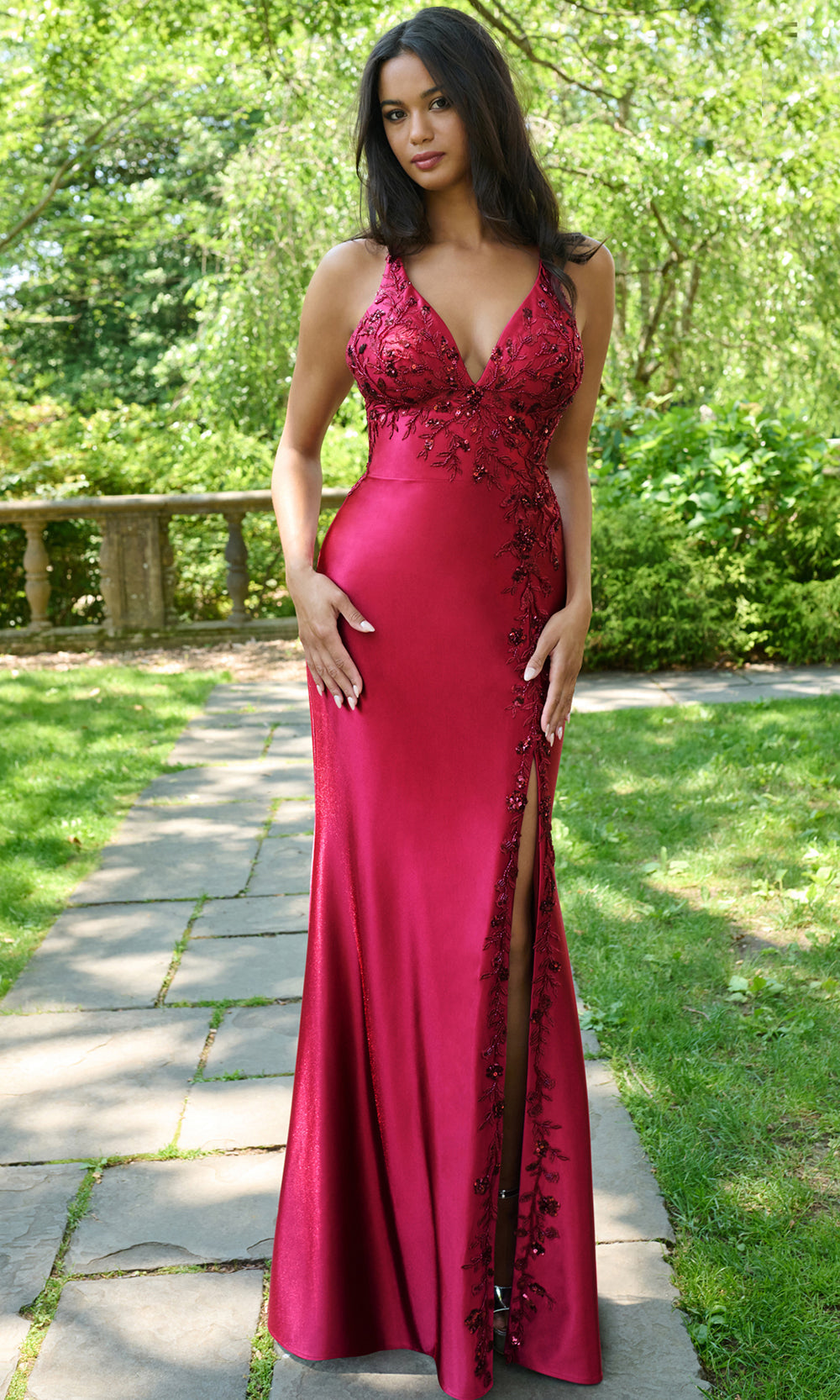 Faviana 11405 - Strappy Back Embellished Satin Gown Prom Dresses