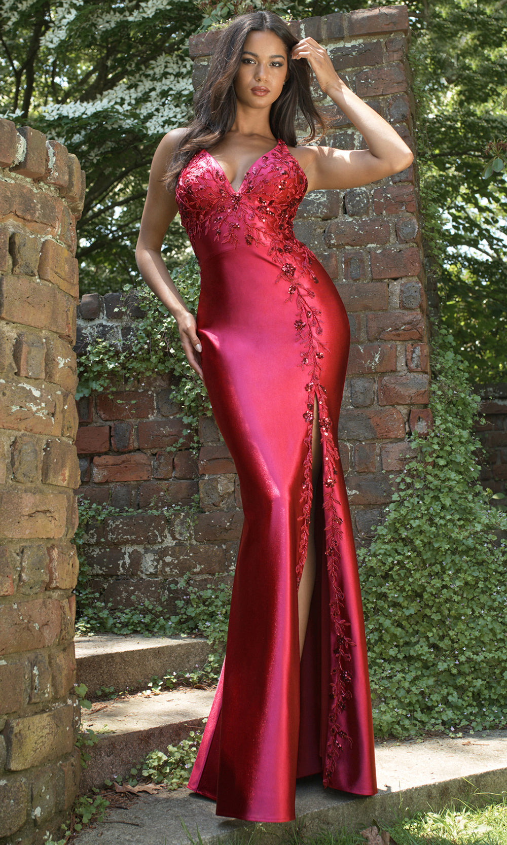 Faviana 11405 - Strappy Back Embellished Satin Gown Prom Dresses