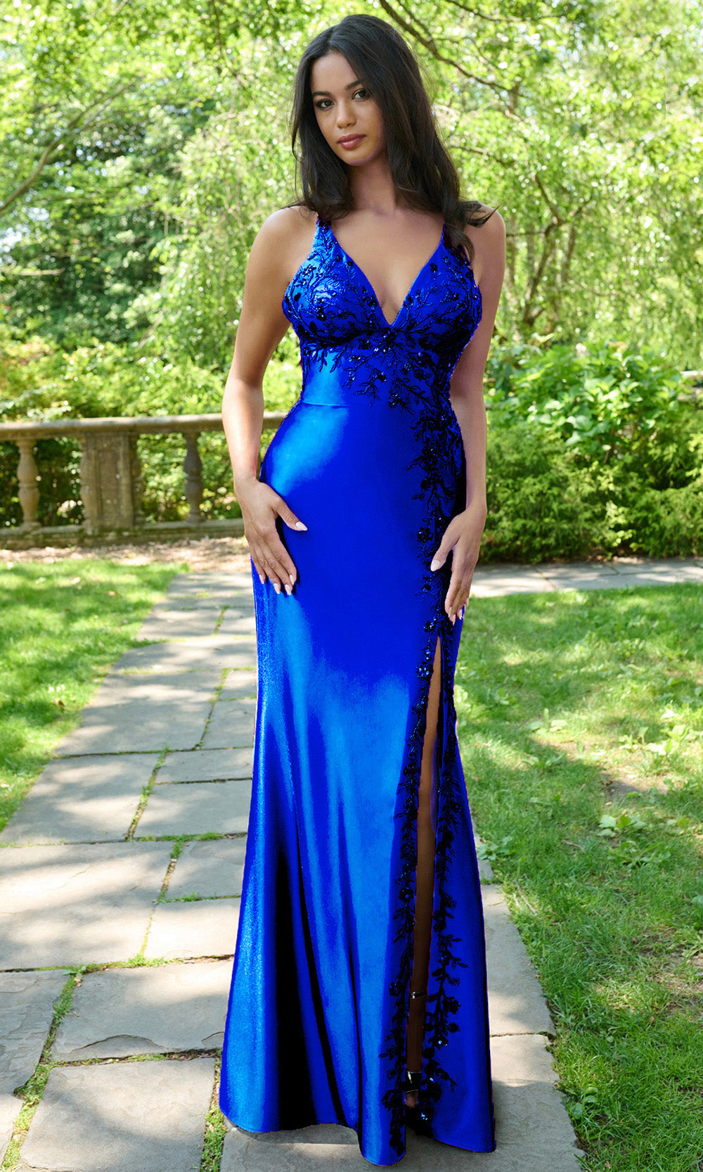 Faviana 11405 - Strappy Back Embellished Satin Gown Prom Dresses