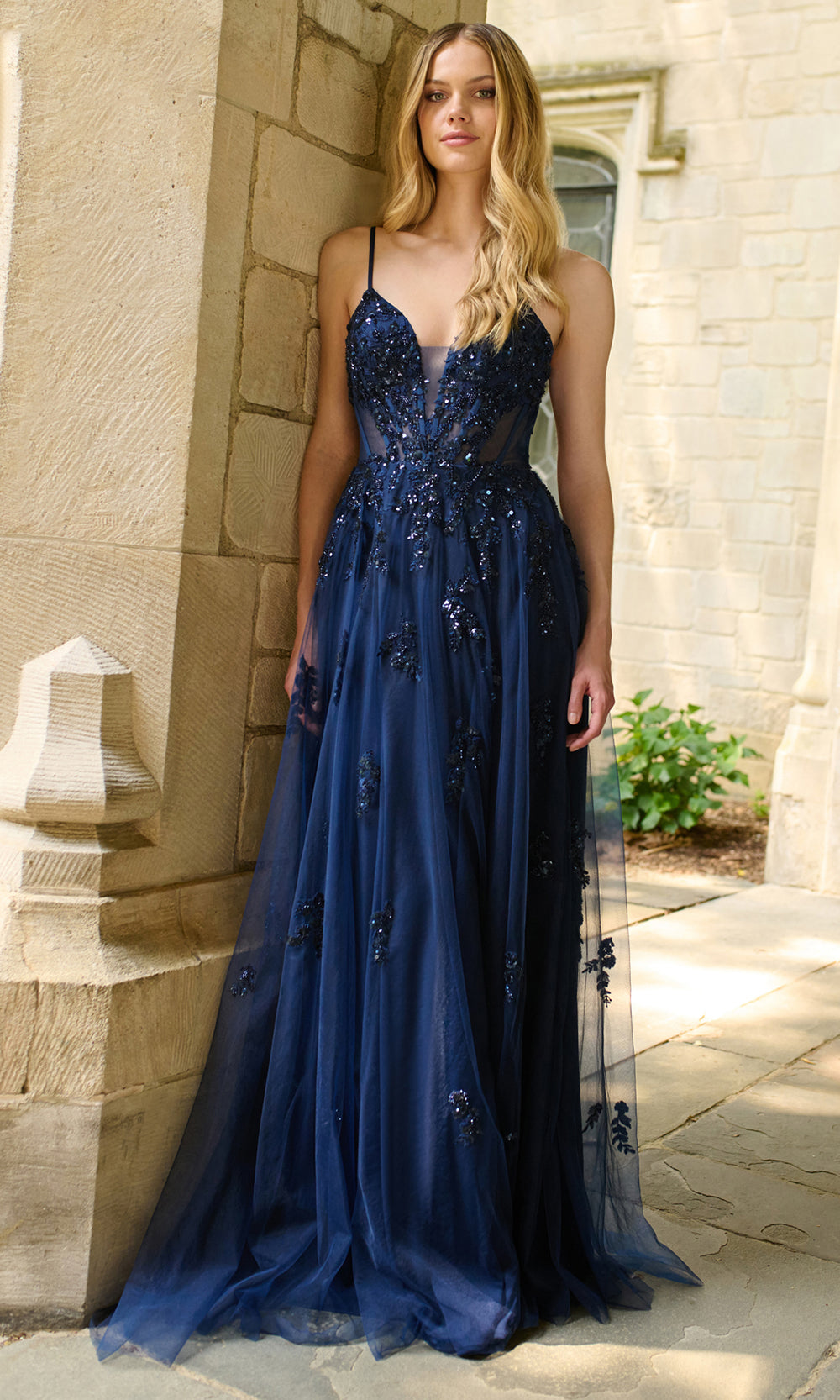 Faviana 11413 - Spaghetti Strap Embellished Tulle Gown Prom Dresses