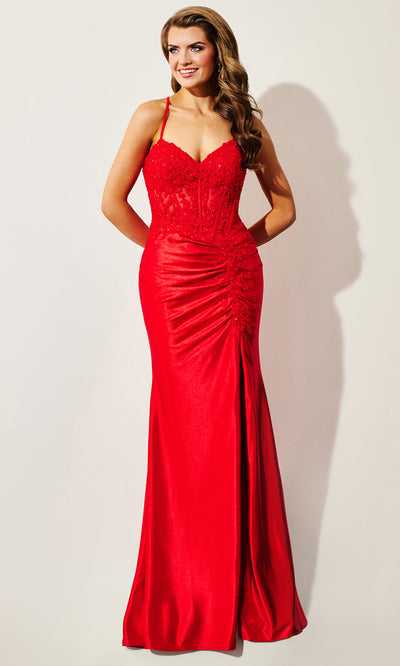 Faviana 11414 - Strappy Back V-Neckline Satin Gown Prom Dresses
