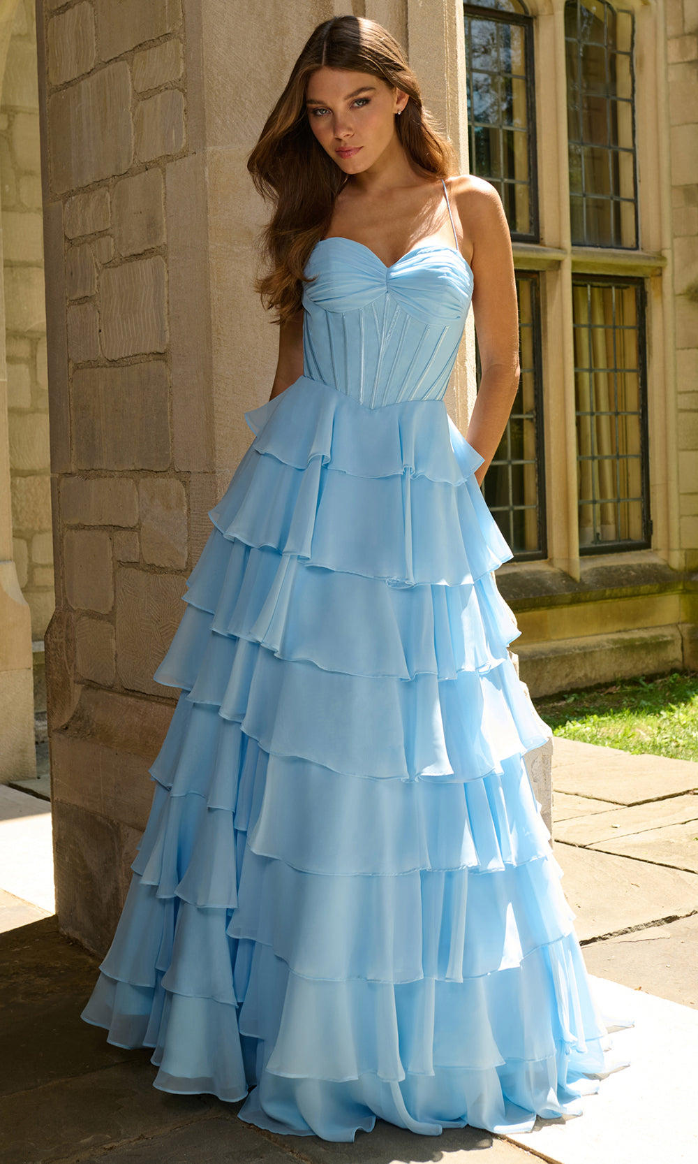 Faviana 11420 - Long Chiffon A-line Dress - Corset Top, Spaghetti Straps, Tiered Ruffle Skirt, Open Lace-Up Back, Floor-Length Hem ADASA Faviana 11420 - Long Chiffon A-line Dress - Corset Top, Spaghetti Straps, Tiered Ruffle Skirt, Open Lace-Up Back, Floor-Length Hem ADASA
