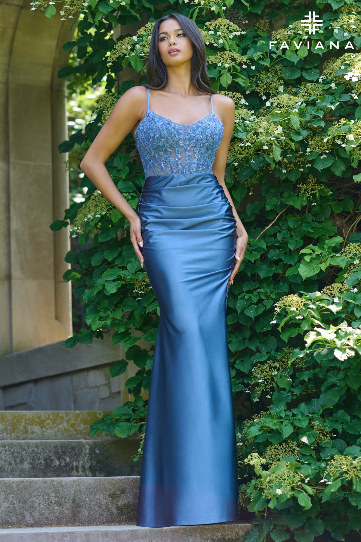 Faviana 11433 - Beaded Lace Top Satin Prom Dress Prom Dresses