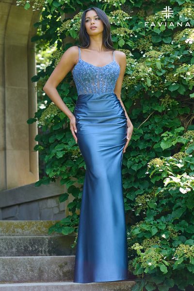 Faviana 11433 - Beaded Lace Top Satin Prom Dress Prom Dresses