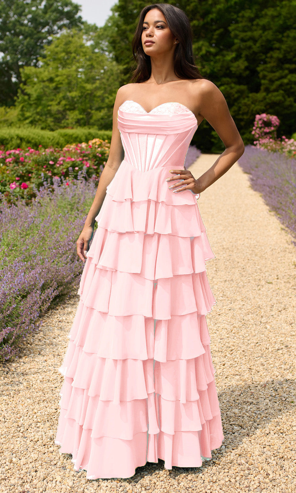Faviana 11436 - Long Stretch Satin & Chiffon A-line Dress - Strapless, Corset Boning Bodice, Tiered Ruffle Skirt, Hidden Back Zipper Closure, Lace Applique, Leg Slit ADASA Faviana 11436 - Long Stretch Satin & Chiffon A-line Dress - Strapless, Corset Boning Bodice, Tiered Ruffle Skirt, Hidden Back Zipper Closure, Lace Applique, Leg Slit ADASA