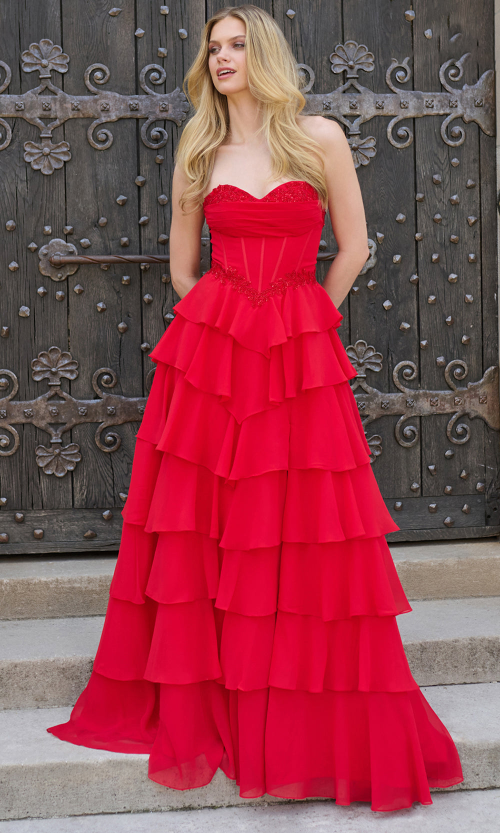 Faviana 11460 - Long Chiffon A-line Dress - Beaded Accent, Corset Boning Bodice, Tiered Ruffle Skirt, High Slit, Hidden Back Zipper Closure ADASA Faviana 11460 - Long Chiffon A-line Dress - Beaded Accent, Corset Boning Bodice, Tiered Ruffle Skirt, High Slit, Hidden Back Zipper Closure ADASA