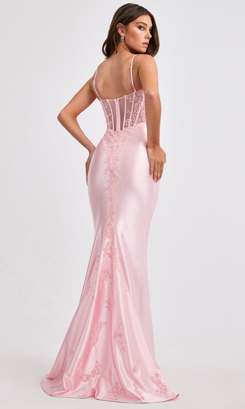 Faviana 11466 - V-Neckline Satin Dress with Lace Applique Prom Dresses
