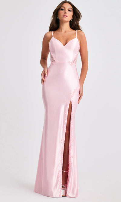 Faviana 11466 - V-Neckline Satin Dress with Lace Applique Prom Dresses