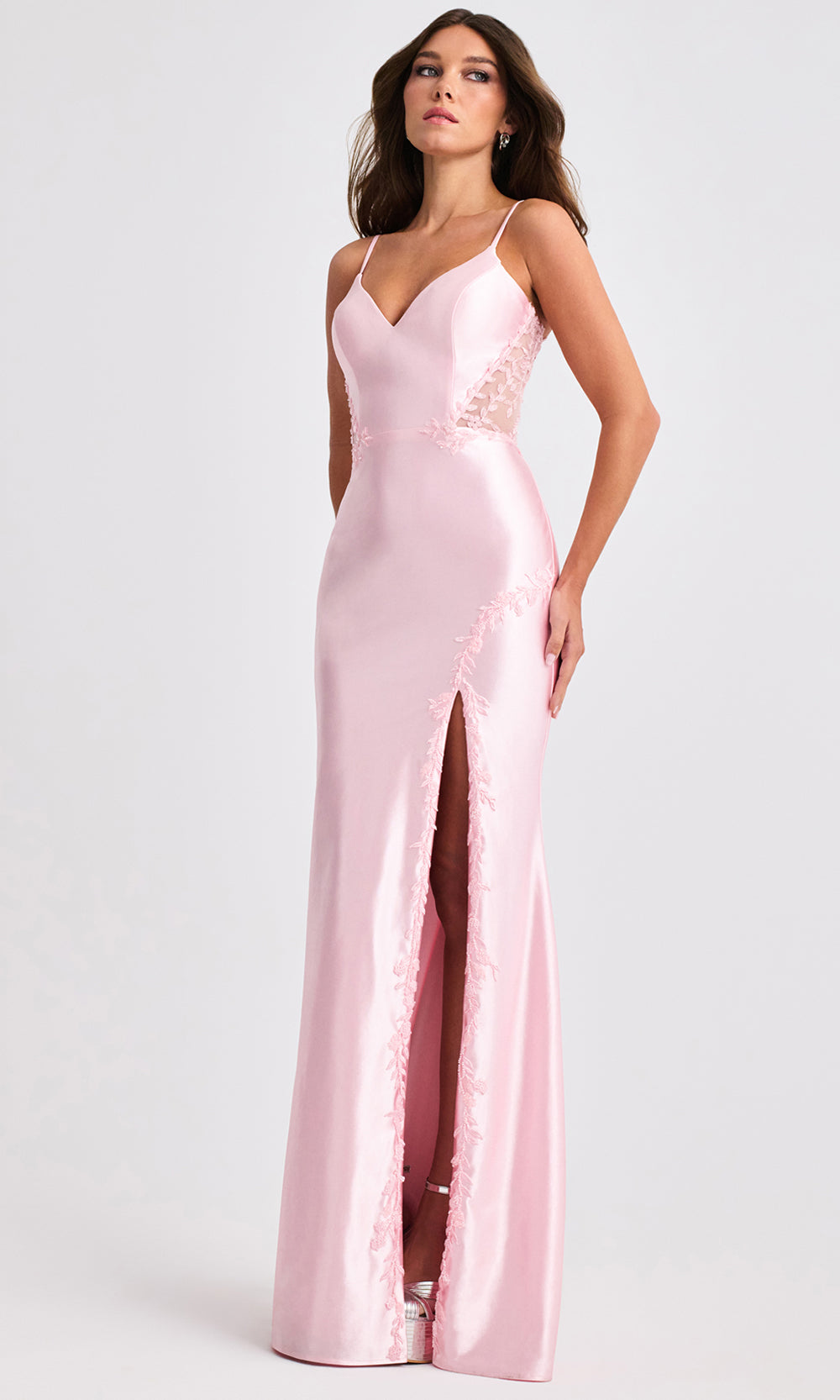 Faviana 11466 - V-Neckline Satin Dress with Lace Applique Prom Dresses