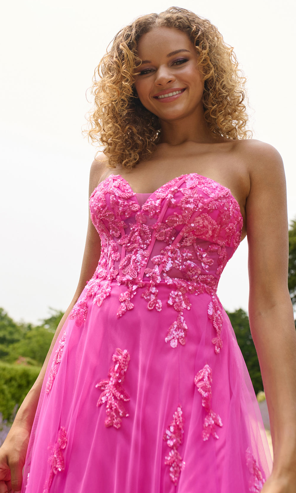 pink faviana prom dress Pink Beaded Lace Long V Neck Dress With Open Back