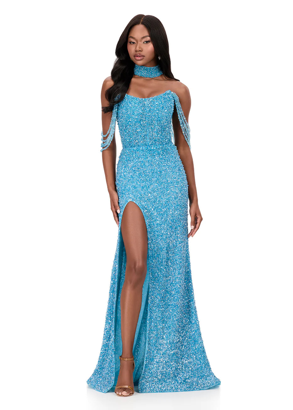 Ashley Lauren 11598 - Scoop Neck Pearls Evening Gown