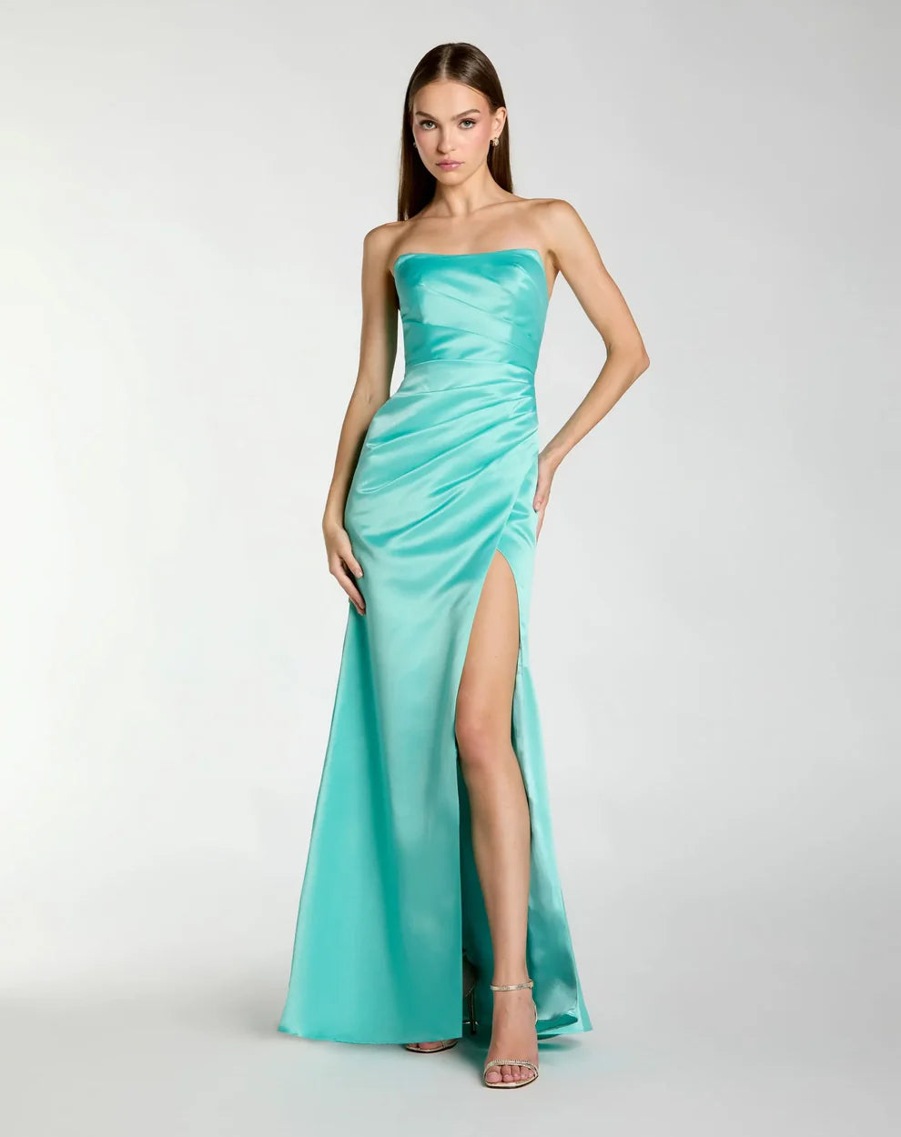Mac Duggal 11653 - Satin Gown with Ruched Bodice and Slit