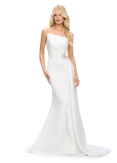 Ashley Lauren 11700 - Beaded Accent Asymmetric Evening Gown In White