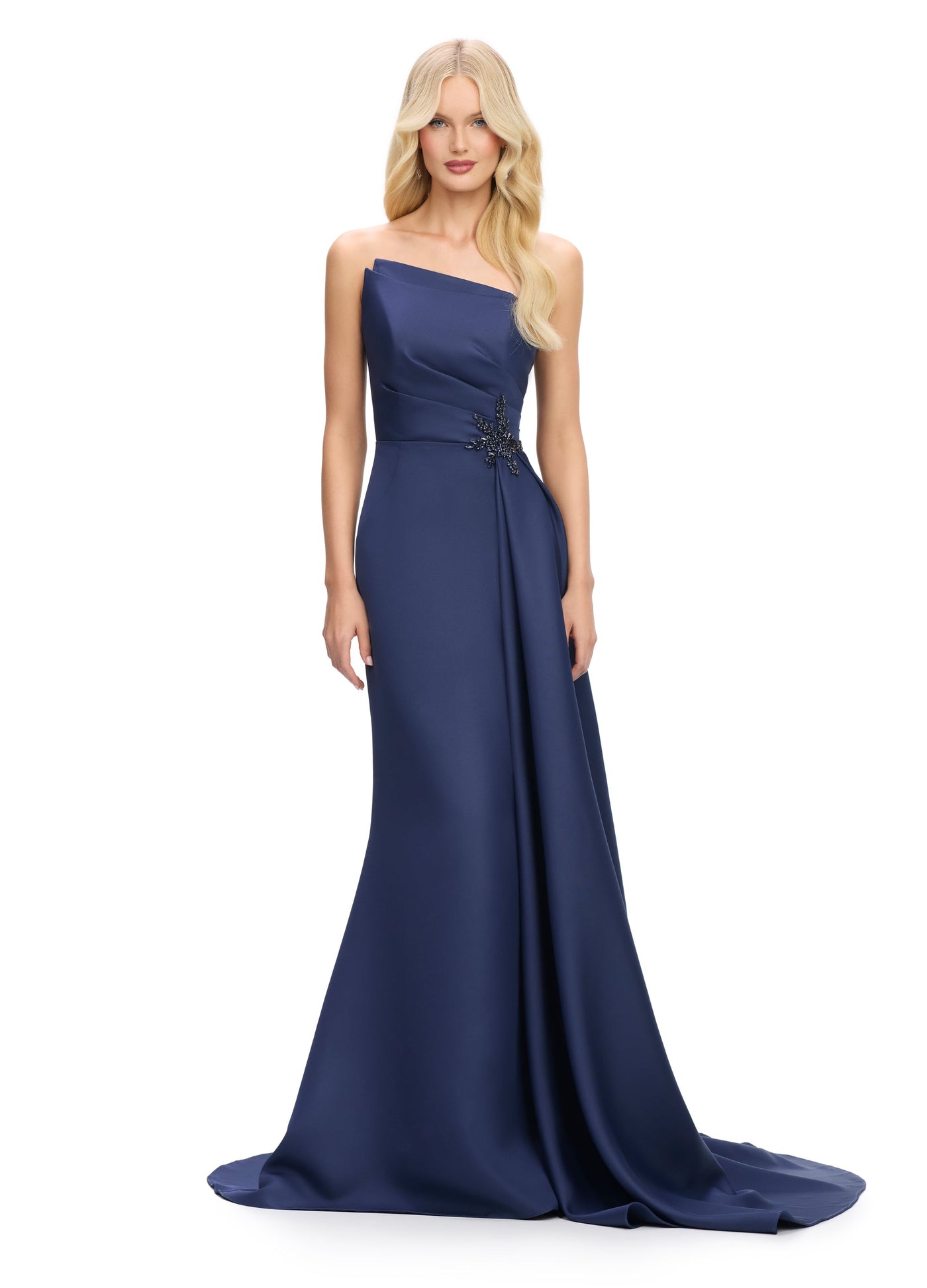 Ashley Lauren 11700 - Beaded Accent Asymmetric Evening Gown In Blue