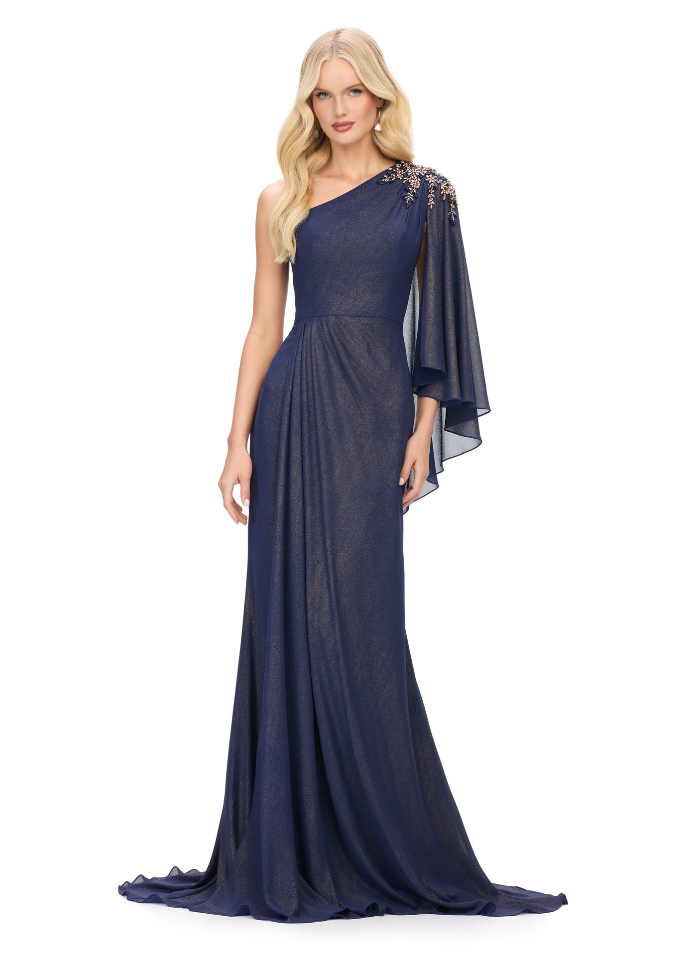 Ashley Lauren 11701 - One-Shoulder Ruffle Sleeve Prom Gown In Blue