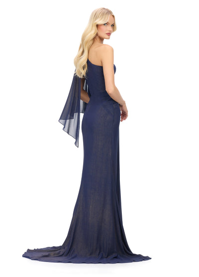 Ashley Lauren 11701 - One-Shoulder Ruffle Sleeve Prom Gown In Blue