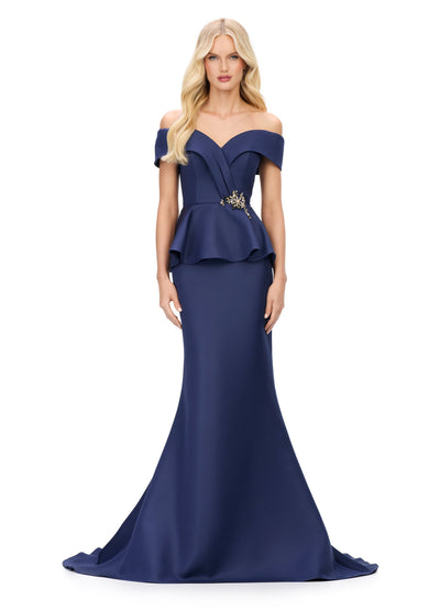 Ashley Lauren 11710 - Peplum Waist Mermaid Evening Gown In Blue