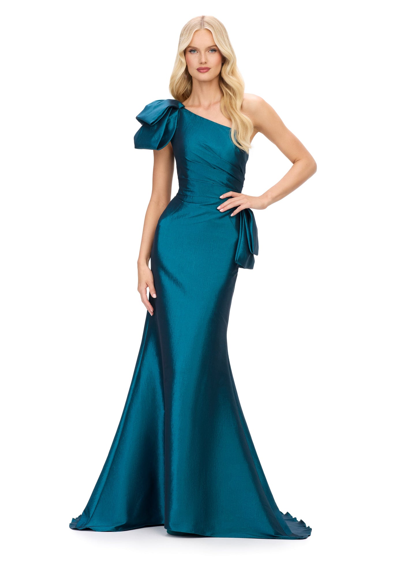 Ashley Lauren 11722 - Asymmetric Neck Peplum Evening Gown In Green