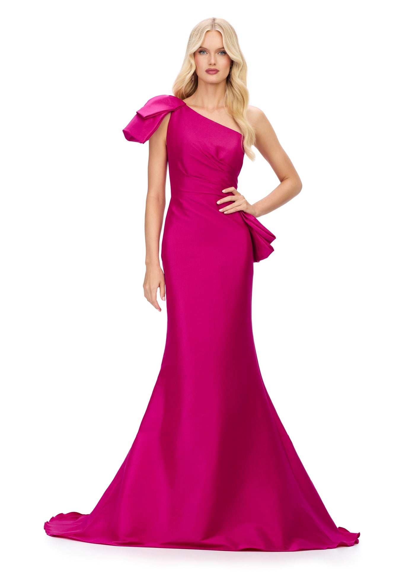 Ashley Lauren 11722 - Asymmetric Neck Peplum Evening Gown In Pink