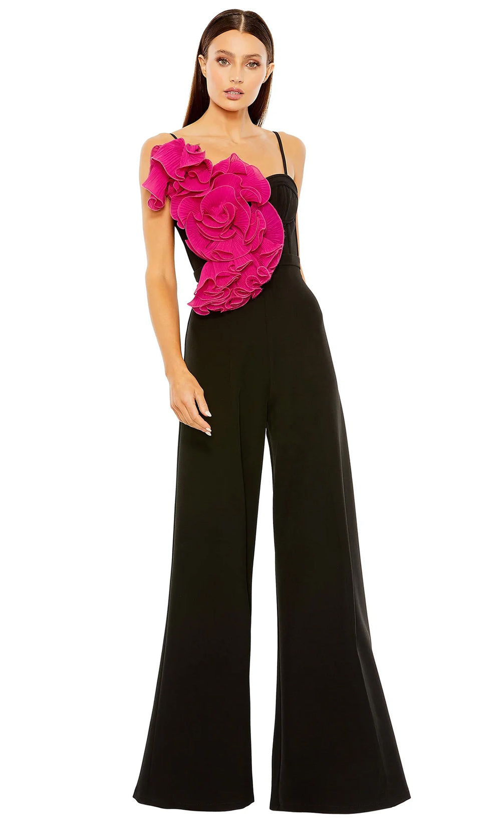 Ieena Duggal 11767 - Ruffle Wide Leg Jumpsuit Special Occasion Dresses 0 /Black Fuchsia