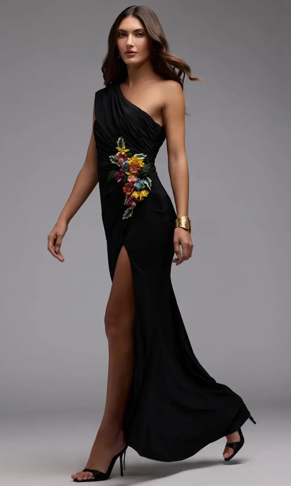 Mac Duggal 11769 - Asymmetric Sheath Gown with Floral Applique Evening Dresses in Black  