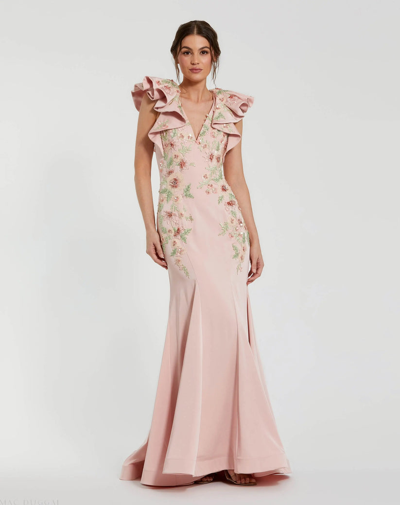 Mac Duggal 11773 - V-Neckline Floral Applique Crepe Dress Formal Gowns in Pink