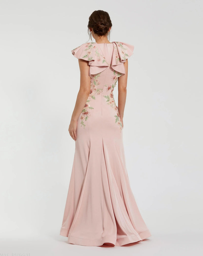 Mac Duggal 11773 - V-Neckline Floral Applique Crepe Dress Formal Gowns in Pink