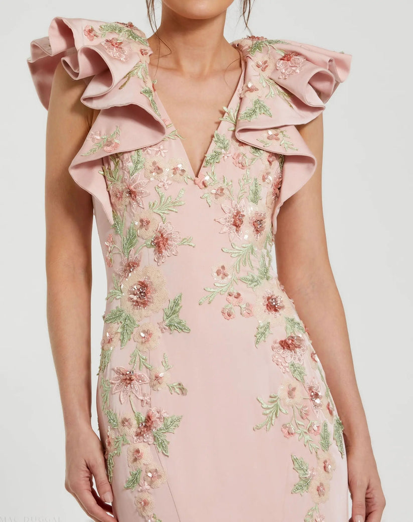 Mac Duggal 11773 - V-Neckline Floral Applique Crepe Dress Formal Gowns in Pink