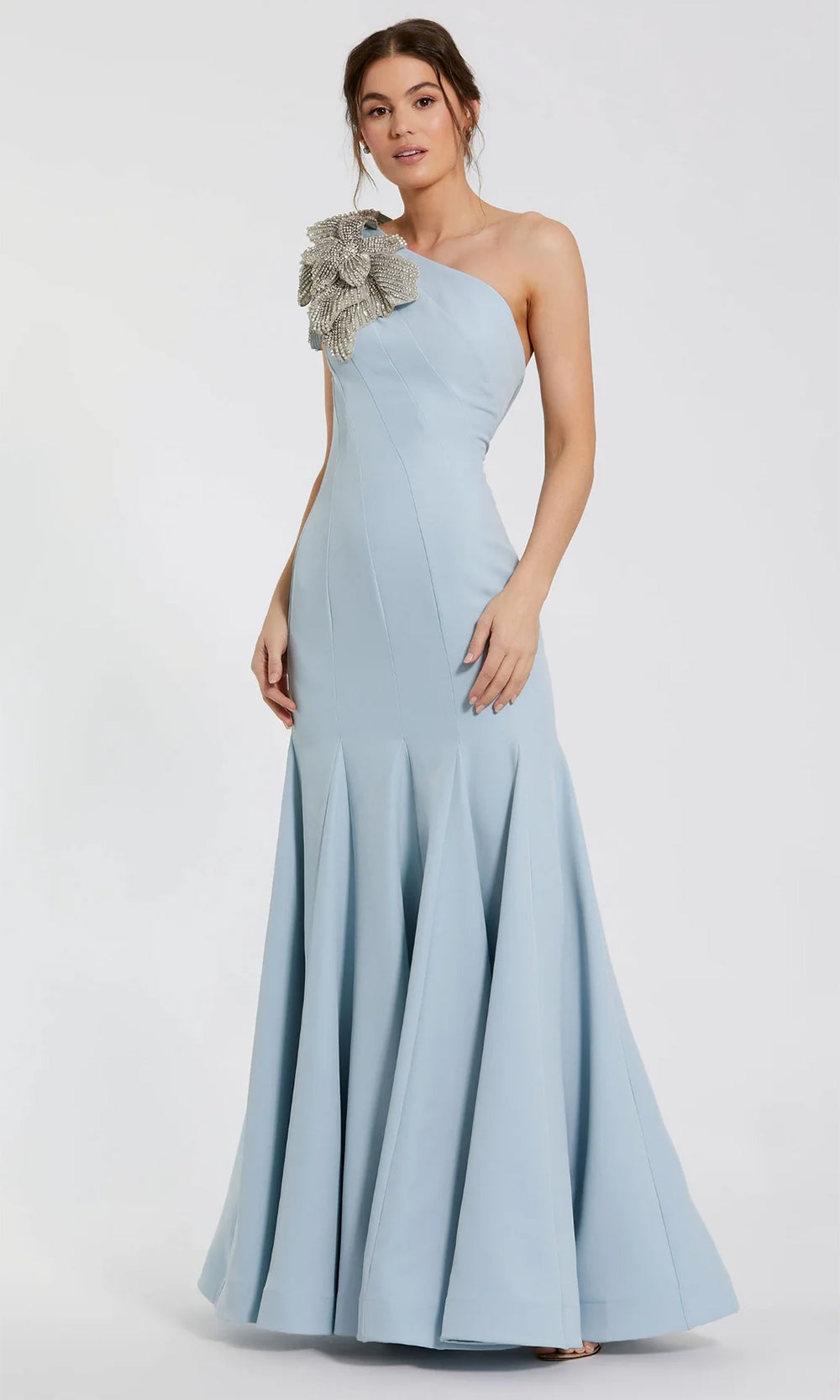 mac duggal blue dress Women's Ombre Beaded Bishop Sleeve A-Line Gown embellished silhouette Shoulder-Bow Long Prom Dress: Mac