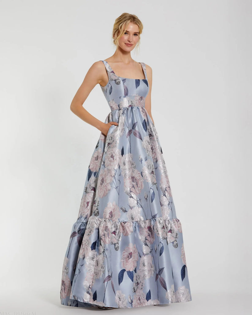 Mac Duggal 11826 - Wide Strap Tiered Floral Dress Formal Gowns in Blue and Multi
