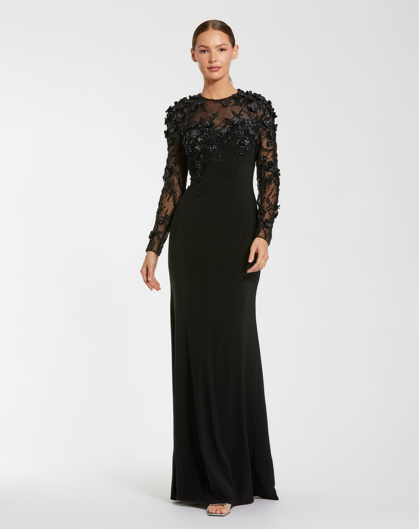 Mac Duggal 11841 - Floral Appliqued Illusion Long Sleeve Gown In Black