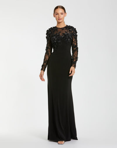 Mac Duggal 11841 - Floral Appliqued Illusion Long Sleeve Gown In Black