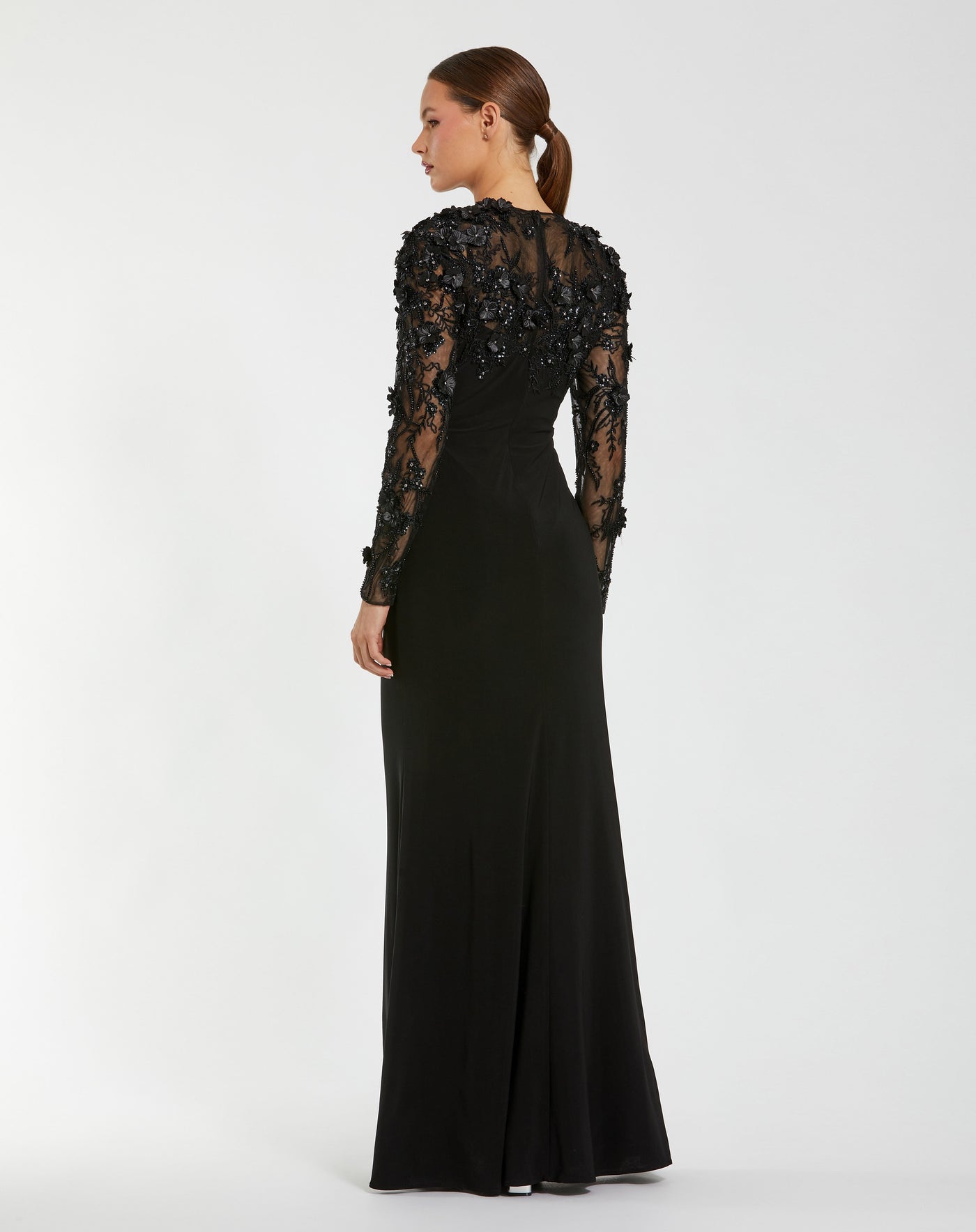 Mac Duggal 11841 - Floral Appliqued Illusion Long Sleeve Gown In Black