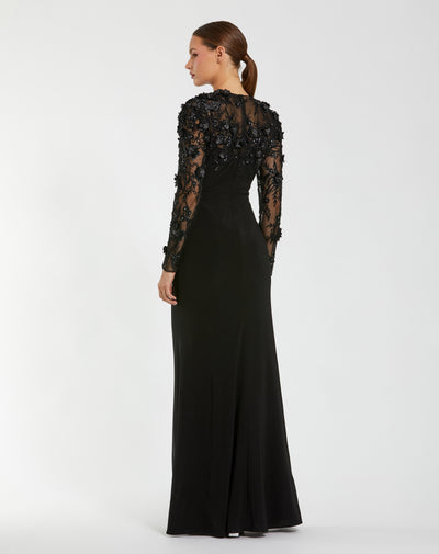 Mac Duggal 11841 - Floral Appliqued Illusion Long Sleeve Gown In Black