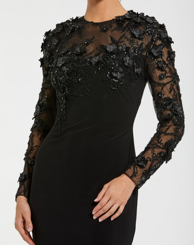 Mac Duggal 11841 - Floral Appliqued Illusion Long Sleeve Gown In Black