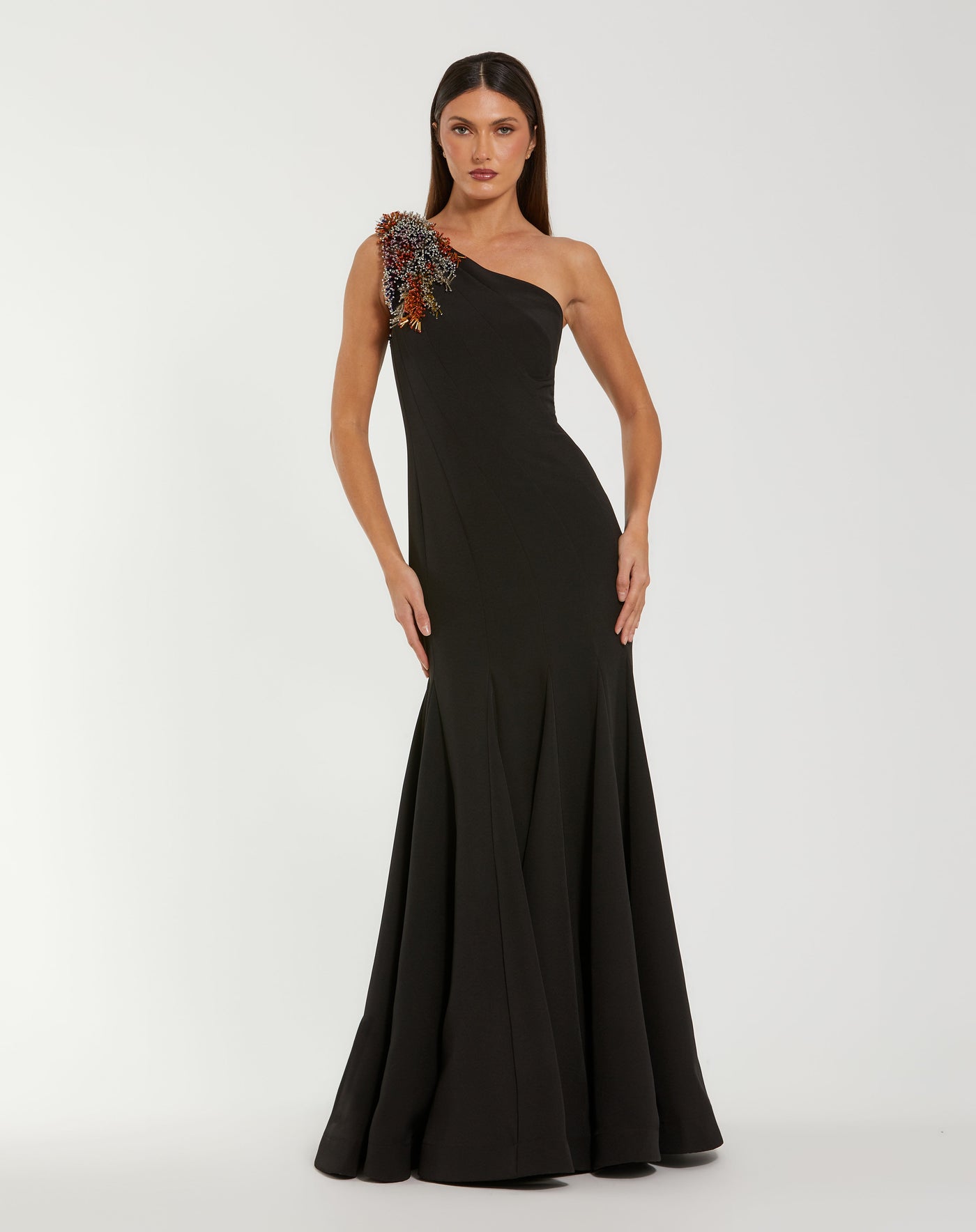 Mac Duggal 11843 - One Shoulder Beaded Applique Gown In Black and Multi