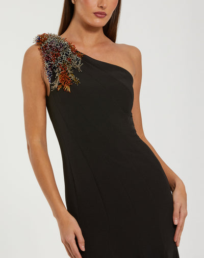 Mac Duggal 11843 - One Shoulder Beaded Applique Gown In Black and Multi