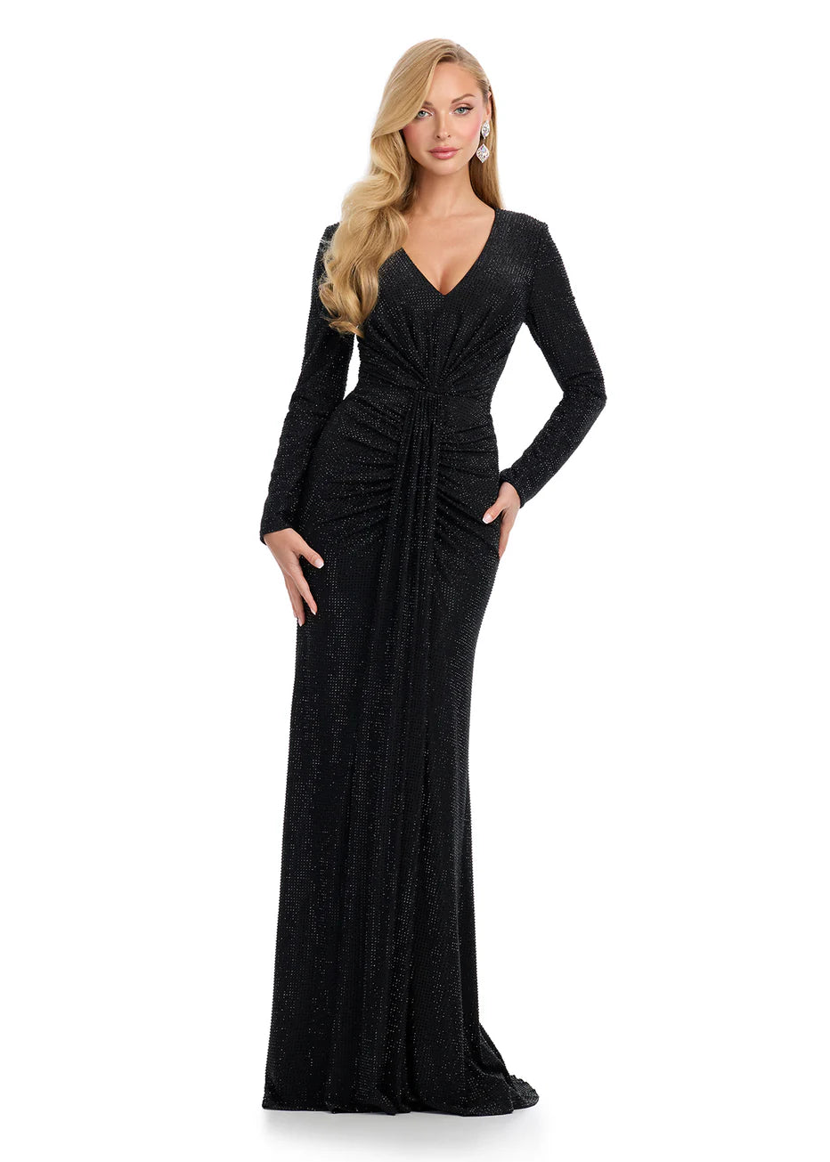 Ashley Lauren 11846 - V-Neck Beaded Ruched Prom Gown
