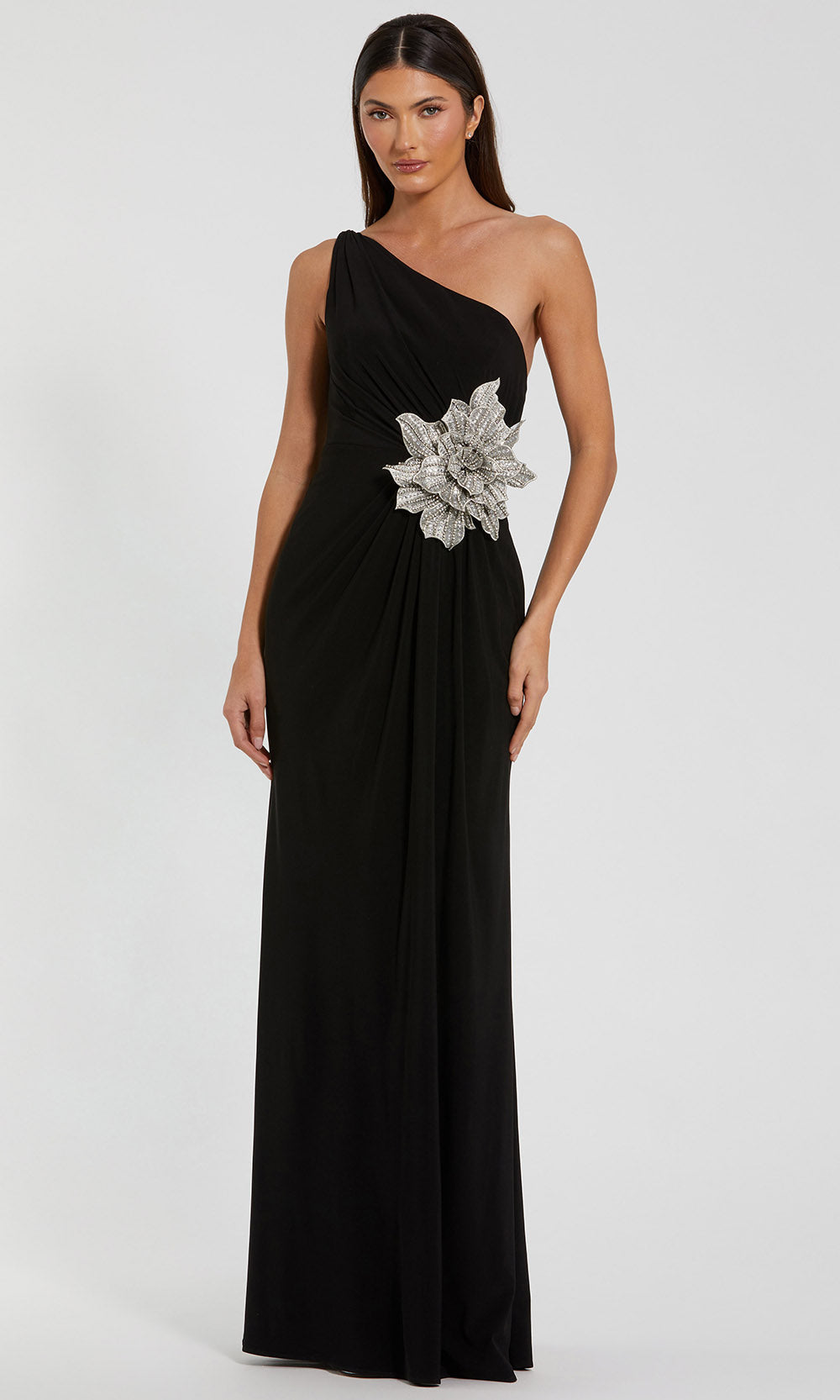 Mac Duggal 11849 - Ruched Asymmetric Neck Long Gown Prom Dresses in In Black 