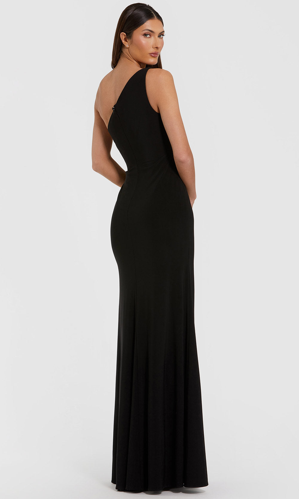 Mac Duggal 11849 - Ruched Asymmetric Neck Long Gown Prom Dresses in In Black 