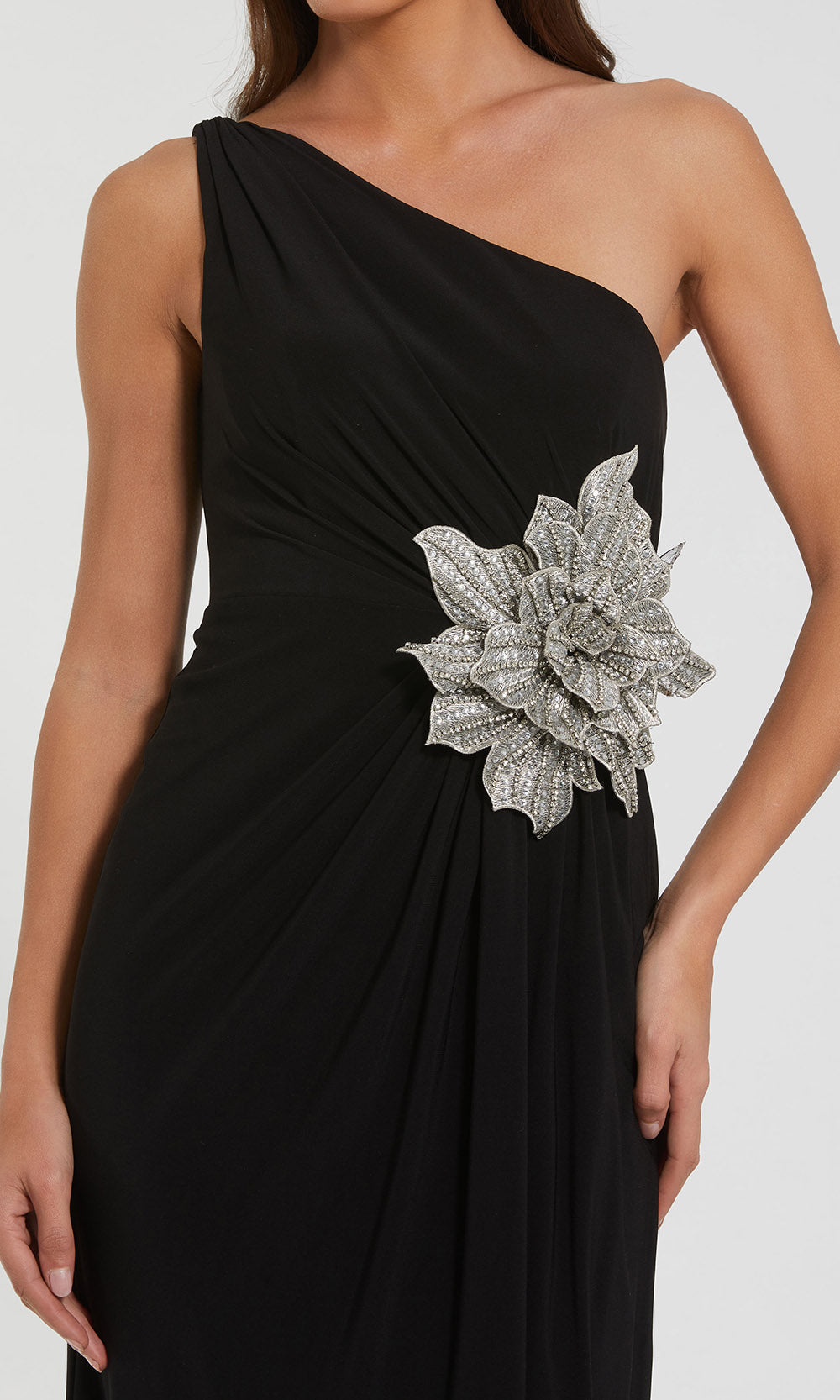 Mac Duggal Women's Jersey One Shoulder Gown with Rhinestone Flower - Black