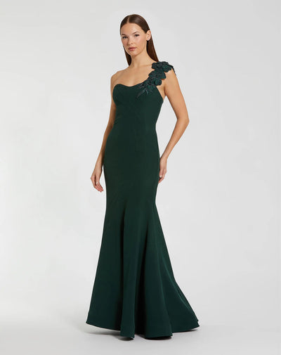 Mac Duggal 11851 - One Shoulder Appliqued Mermaid Gown In Green