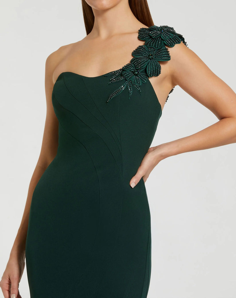 Mac Duggal 11851 - One Shoulder Appliqued Mermaid Gown In Green