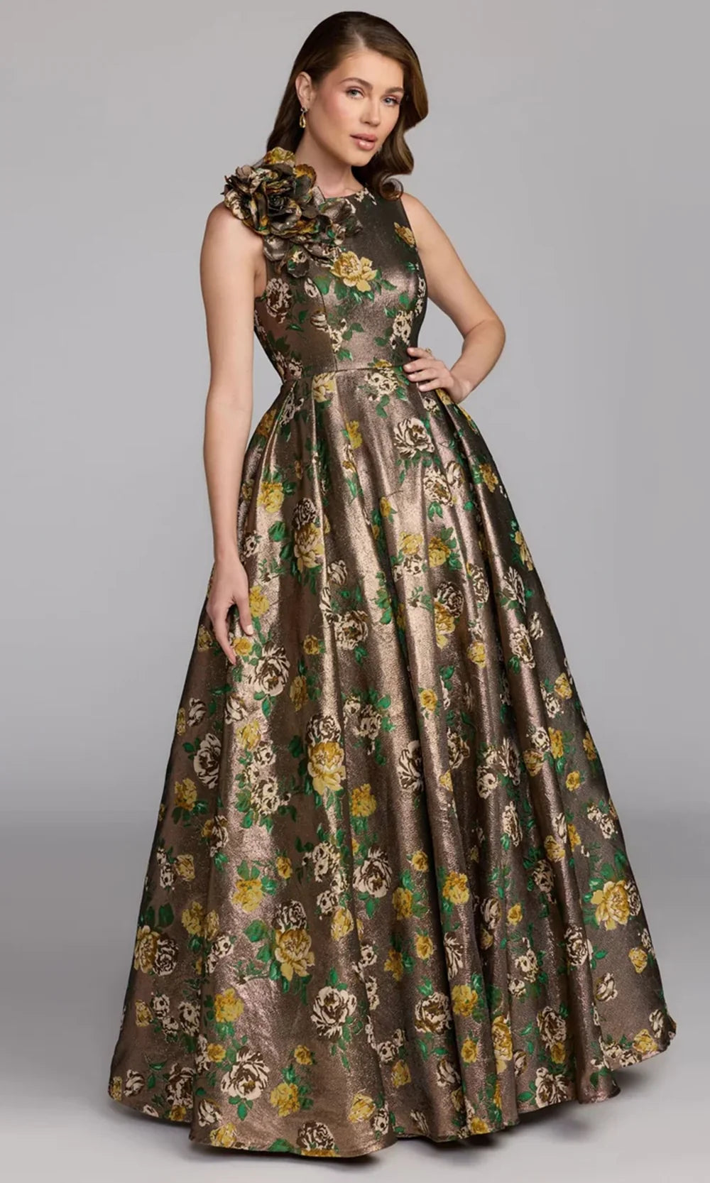 Mac Duggal 11873 - Sleeveless Metallic Floral Brocade Evening Gown In Gold