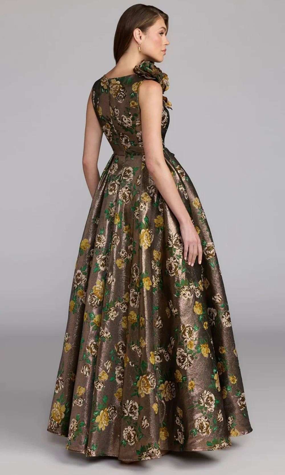 Mac Duggal 11873 - Sleeveless Metallic Floral Brocade Evening Gown In Gold