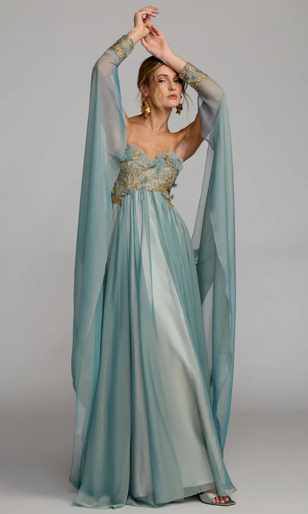 Mac Duggal 11896 - Draped Cape Sleeve Empire Evening Gown In Blue