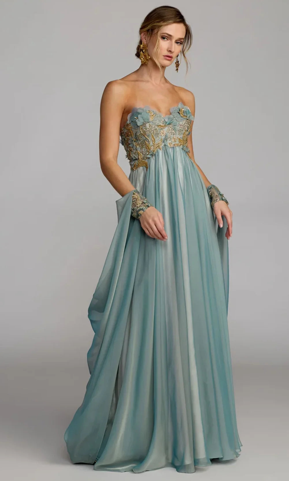 Mac Duggal 11896 - Draped Cape Sleeve Empire Evening Gown In Blue