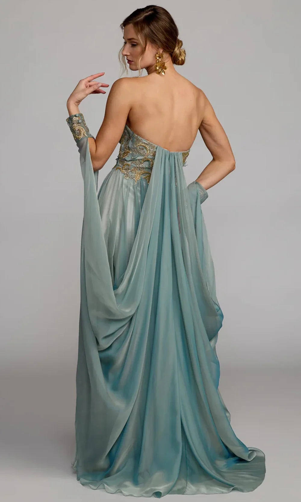 Mac Duggal 11896 - Draped Cape Sleeve Empire Evening Gown In Blue